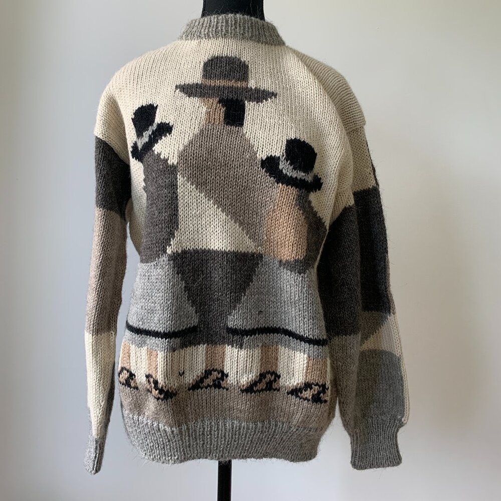 Vintage Neutral Coloured Peruvian Wool Sweater with Peasant Life Motifs